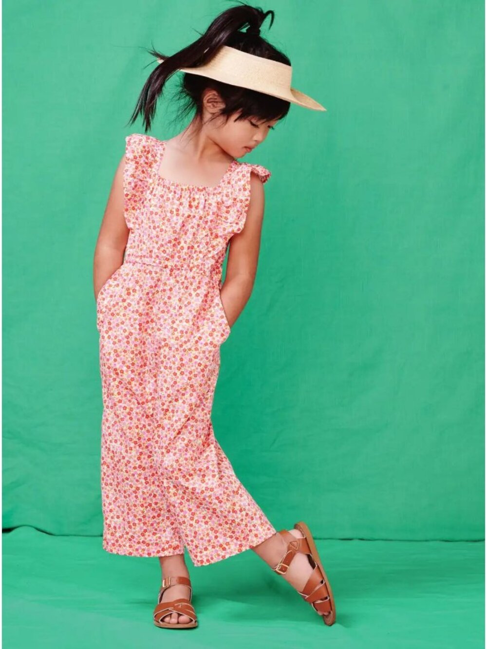 Tea Collection Flutter Jumpsuit 7 Ditsy Floral Print 100% Cotton Elastic Waist